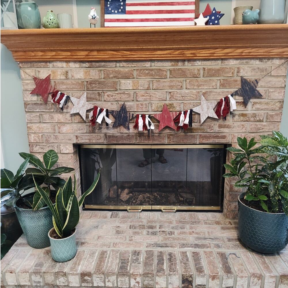 Rustic Americana Wooden Star & Rag Tassel Garland, 6'